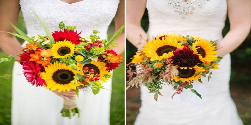 Hoa cưới cầm tay cô dâu hoa hướng dương cùng hoa đồng tiền